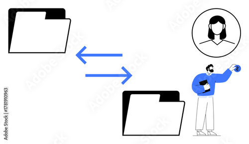 File folders with arrows indicating data transfer, a user holding a document, and a profile icon. Ideal for teamwork, sharing, collaboration, technology, remote work, communication simple flat