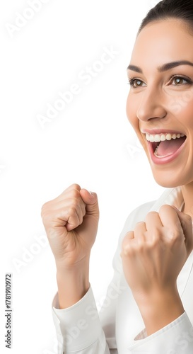 A smiling woman with dark hair, wearing a white blouse, is celebrating with her fists clenched in the air.