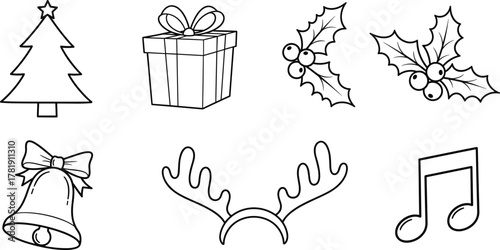 Christmas outline icons, festive holiday elements, winter celebration symbols, Christmas tree, gift box, holly leaves, reindeer antlers, bell, music note vector