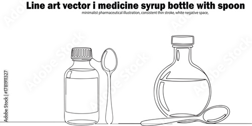 Line art illustration of medicine bottles and spoons, minimalist design.