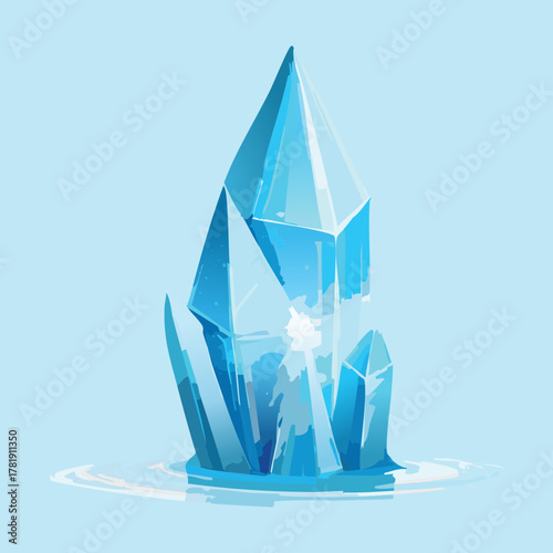 Illustration of a long sharp translucent blue magic crystal with many facets, light element fantasy gem object isolated on background