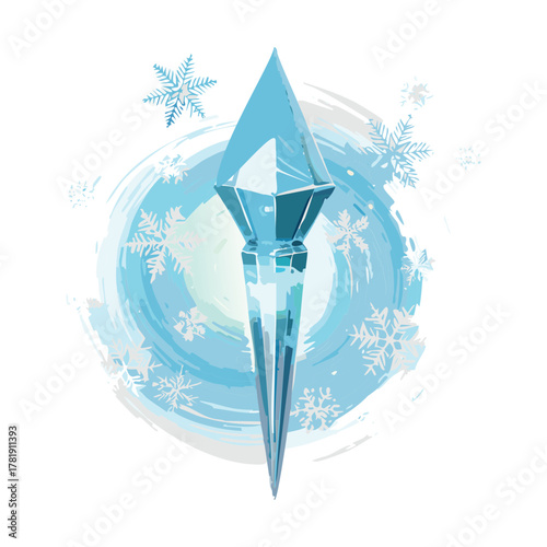 Illustration of a sharp translucent blue crystal shard with snow, snowflakes, and an icy winter vortex effect, cold magic element icon