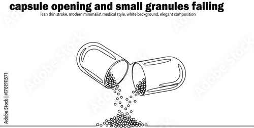 Line art illustration of an open capsule with granules falling out, creating a pile below, against a white background.