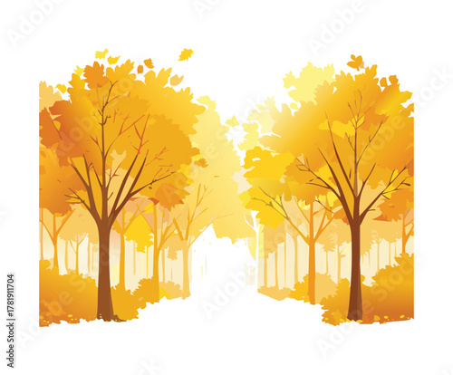 Illustration of a beautiful autumnal forest scene with golden and yellow trees lining a central pathway, seasonal nature walk environment
