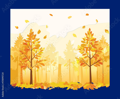 Illustration of a bright autumnal forest with golden and orange leaves on trees, peaceful nature scene or seasonal environment