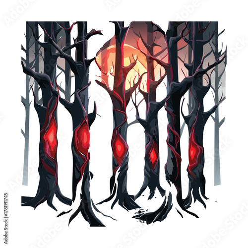 Illustration of a terrifying dark forest with blood-red glowing trees and sinister light, horror fantasy landscape or scene element