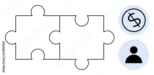 Two puzzle pieces connecting, a dollar sign icon, and a person silhouette. Ideal for teamwork, finance, partnerships, human resources, strategy collaboration problem-solving. Simple flat metaphor