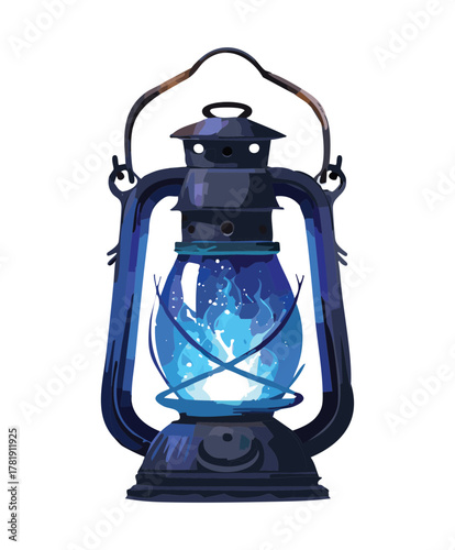 Traditional Deep Blue Hurricane Lantern Casting a Mysterious Bright Blue Illumination Light