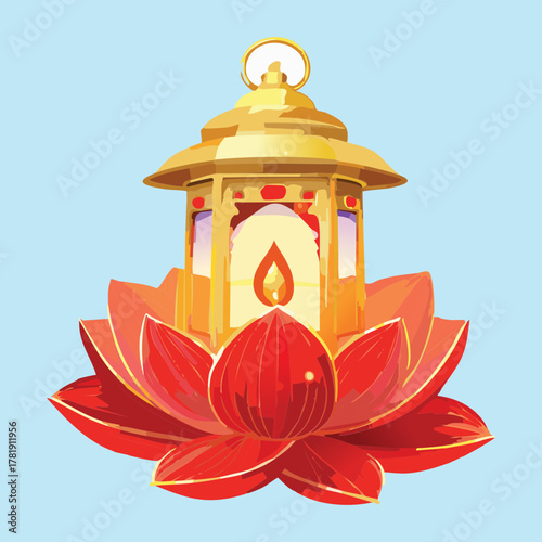 Antique Brass Lantern with Orange Candle Flame on a Blooming Red Lotus Decoration Motif