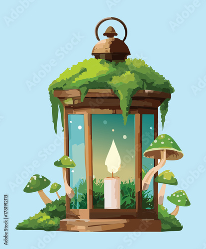 Illustration of a fantasy wooden lantern with moss, vines, mushrooms, and a candle inside, enchanted forest light source object