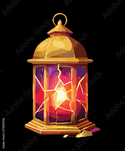 Illustration of an ancient glowing fantasy lantern with cracked glass panels and a warm light inside, isolated dark background