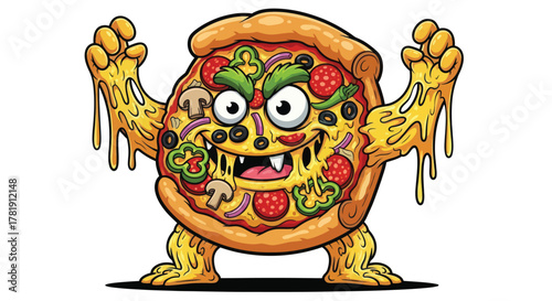 Hilarious pizza monster cartoon character that's perfect for food branding, restaurant ads or spooky Halloween promotions