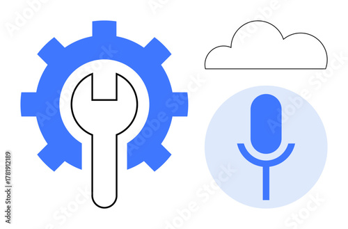 Gear with wrench, microphone, and cloud shapes represent technology, voice recognition, and cloud solutions. Ideal for innovation, software, repair, development communication AI integration