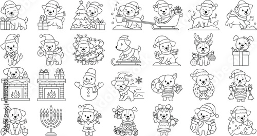 Cartoon dogs, festive holiday illustrations, Christmas and Hanukkah celebration, Santa hats, presents, reindeer costumes, winter decorations, cheerful seasonal artwork