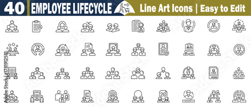 Line Art Icons Collection of Employee, Lifecycle, Recruitment, Onboarding, Training, Development, Performance, Management, and Employee Retention in Vector illustration. 