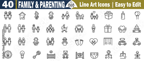 Set of Forty Family and Parenting Related Vector Line Art Icons. Easy to Edit and Customize, Family Care, Relationships, Outline, Design Elements on Transparent Background. 