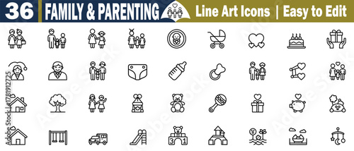 Family and Parenting Outline Icon Set. Collection of Family Lifestyle and Stages Editable Stroke Vector Illustration on Transparent Background.