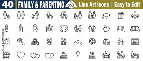 Family Parenting Line Art Icons. Editable Vector Design Set for Diverse Topics on Transparent Background, Easy to Customize elements. 