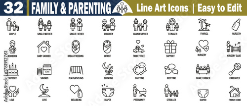 Collection of Line Art Family Parenting Icons. Featuring Couple, Single Mother, Father, Children, Grandfather, Teenager, Various Stages, Editable Strokes on Transparent background. 