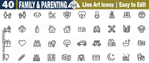 Family Parenting Line Art Icons. Editable Vector Design Set Home Care, Love, and Happy Times on Transparent Background, Easy to Customize.