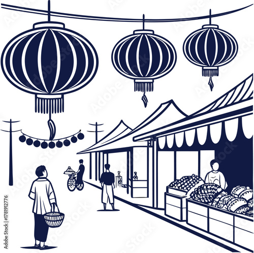 traditional street market with lanterns stalls people and bicycle in festive asian urban scene