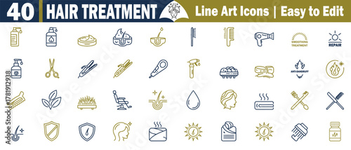 Hair Treatment Icons Collection. Modern Line Art Style Set of 40 Editable Hair Care Elements for Shampoos, Conditioners, and Beauty Products in Gold and Blue elements. 