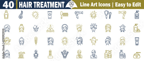 40 Hair Treatment Line Art Icons: Professional Salon, Spa, Beauty Care, Cosmetics, Products for Hairdressing, Scalp Care, Solutions Illustrations Design.