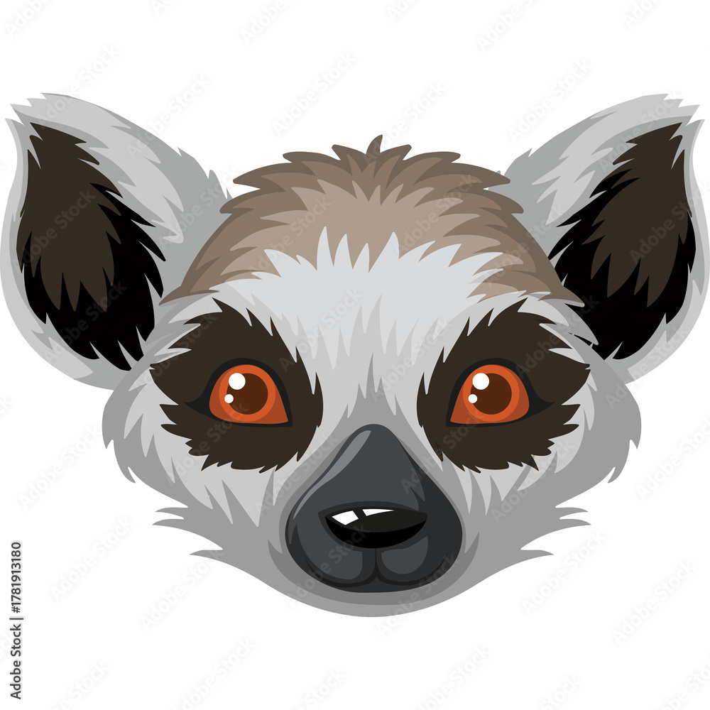 Obraz premium Close up portrait of a ring tailed lemur face with large orange eyes and grey and white fur isolated on a transparent background