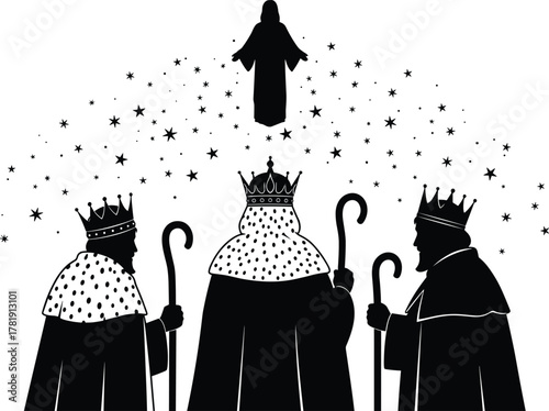 Jesus silhouette nativity scene, three wise men crowns, biblical illustration, religious starry sky, Christian spirituality artwork, holy Christmas tradition vector