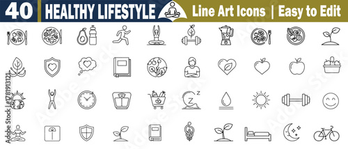 40 Healthy Lifestyle Line Art Icons. Editable Wellness, Fitness, Diet, Nutrition, Exercise, Meditation, Bodycare, Healthcare, Balance Mindfulness vector illustration. 
