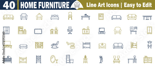 Home Furniture Vector Icons Set: Interior Line Art Symbol. Collection for Living Room and Bedroom Designs Easy to Customize illustration. 