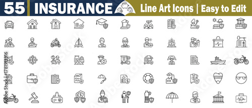 Insurance Line Art Icons Collection. Easy to Edit Set of 55 Safety Coverage Protection Security, Assurance Policy, Risk Management, Healthcare, Finance, and Investment illustration. 