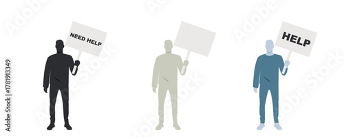 Man holding Need Help banner. Set of silhouettes.