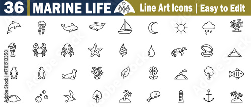 Marine Wildlife Vector Icons Set. These graphics elements are a Dolphin, Jellyfish, Shark, Whale, Sailboat, Moon, Sun, Cloud, Coral, Seahorse, Crab, Octopus, Starfish illustration. 