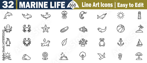 Marine Life Vector Icons Set. These graphics elements are a Dolphin, Shark, Whale, Jellyfish, Seahorse, Starfish, Octopus, Crab, Coral, Sea, Life Fish, Turtle, Shell, Anchor, Sailboat illustration. 