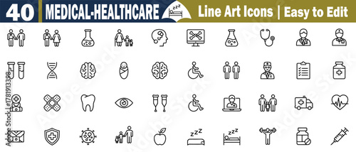 Medical Healthcare Vector Icons Set. These graphics elements are a People, Doctor, Brain, Baby, DNA, Wheelchair, Clipboard, Medicine, Aid, Health, Stethoscope, Hospital, Syringe illustration. 