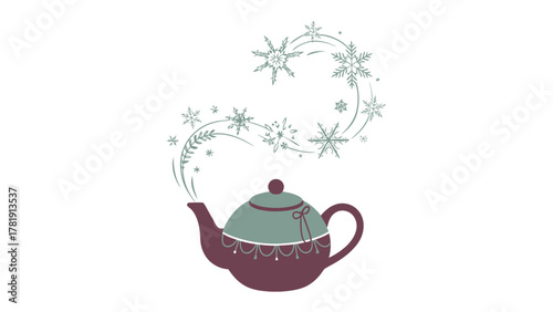 Winter's Brew: A whimsical teapot exhales a swirl of delicate snowflakes, conjuring the cozy essence of a winter day.