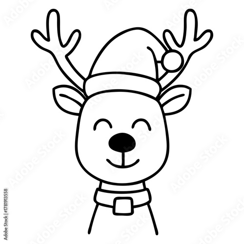 Dibujo sencillo con líneas de cabeza de reno Rudolph simpático con sombrero de Santa Claus para tarjetas y felicitaciones de Navidad