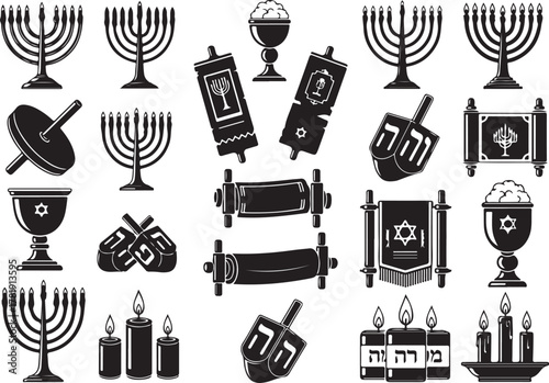 Black and White Hanukkah Icon Set Vector Graphic Illustration Collection