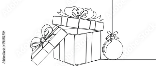 Christmas gift box, holiday present, festive ribbon, celebration ornament, winter decoration, seasonal surprise, New Year party, Xmas joy, cheerful design, minimalist line art