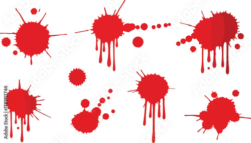 Red splashes and drips of various sizes and shapes scattered across a white background