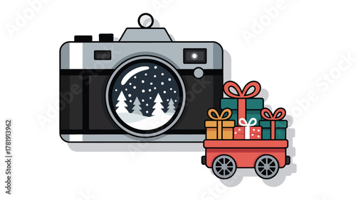 Capturing Christmas: A creative illustration showing camera lens capturing snowy landscape reflecting a gift box.