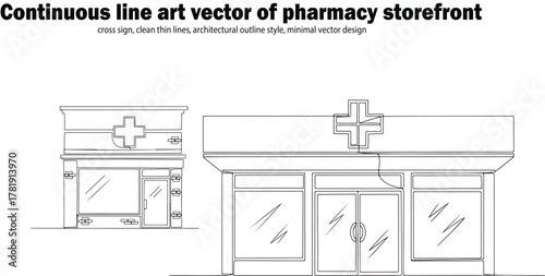 Two minimalist line art illustrations of pharmacy storefronts, showcasing building exteriors.