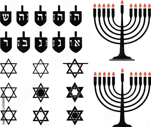 Hanukkah symbols set with dreidels menorahs and star of David