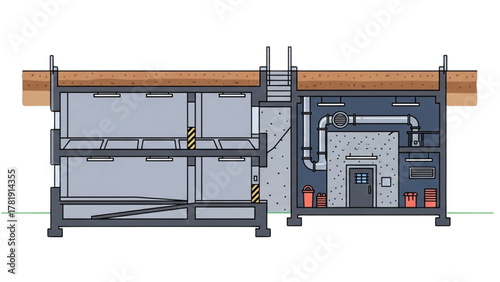 Cross-section view of a secure bunker facility, showcasing multiple levels and safety features