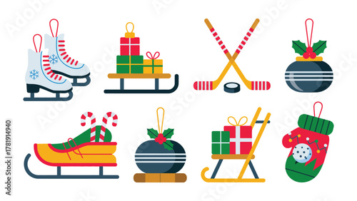 Holiday Cheer: An array of charming Christmas ornaments, each conveying a sense of seasonal merriment and festivity, including ice skates, gifts, hockey sticks, and more.