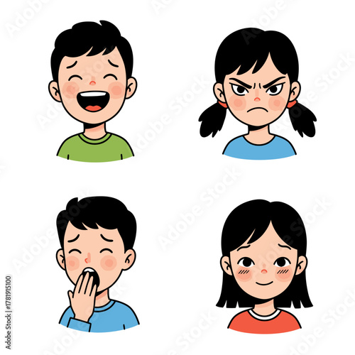 Cartoon Illustrations of Children Expressing Various Emotions and Feelings.