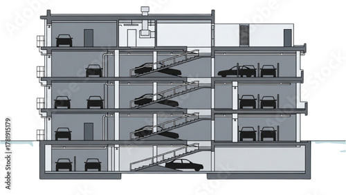 Architectural cross-section of a multi-story car park with vehicles and stairwells