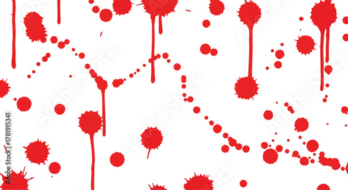 Red splashes and splatters decorate a white background