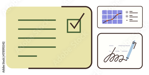 Checklist with marked item, graph with data points and analytics, pen signing document. Ideal for organization, productivity, planning, analytics, data management workflow task completion. Simple